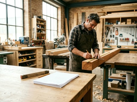 Editorial photograph for a business magazine: a bespoke joinery workshop in central Europe, morning daylight from tall w