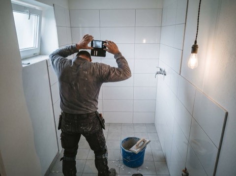 Editorial lifestyle photograph, a hand holding a smartphone that shows a photo gallery of a small business — on the scre