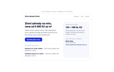 Rekonstrukce téže stránky s cenou za metr, orientačním pásmem, jménem obchodníka a dvěma popsanými realizacemi