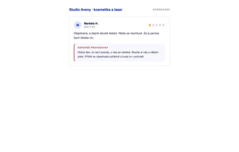 Rekonstrukce odpovědi provozovny na jednohvězdičkovou recenzi, kde majitel popírá stížnost a odkazuje zákaznici, ať se plete s někým jiným