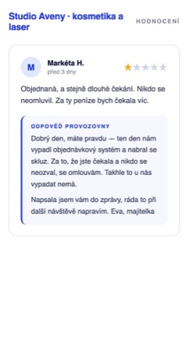 Rekonstrukce téže recenze s věcnou odpovědí, která přiznává skluz, omlouvá se za konkrétní věc, nabízí nápravu a přesun do soukromé zprávy