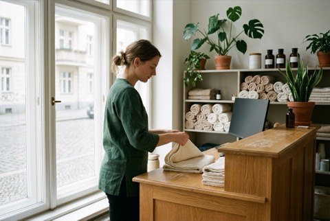 Editorial photograph of a bright, freshly renovated wellness and massage studio reception in central Europe. Warm wood c