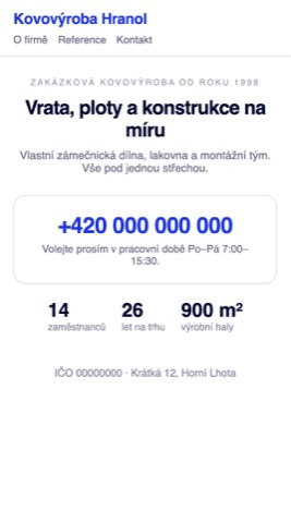 Rekonstrukce webu větší kovovýroby — jen telefonní číslo a pracovní doba, chlubí se počtem zaměstnanců a lety na trhu.