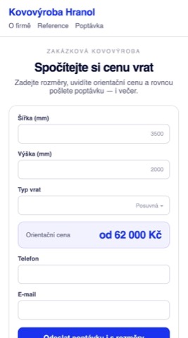 Rekonstrukce téhož webu — konfigurátor s rozměry, orientační cenou a slibem odpovědi do čtyř hodin i o víkendu.