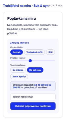 Rekonstrukce téže stránky s výběrem typu výrobku, posuvníkem rozměru, termínem a orientačním rozpočtem