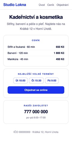 Web salonu s ceníkem a výběrem volného termínu