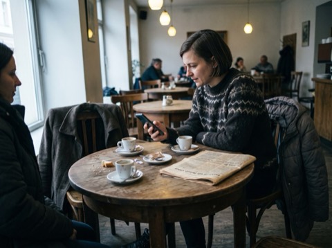 Muž večer u kuchyňského stolu píše dotaz do notebooku