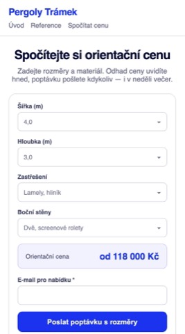 Rekonstrukce téže stránky s konfigurátorem, orientační cenou a formulářem s rozměry.