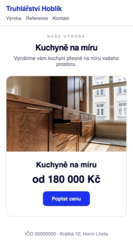 Rekonstrukce stránky truhlářství, kde je u kuchyně na míru jen fotka a holá cena od 180 000 Kč