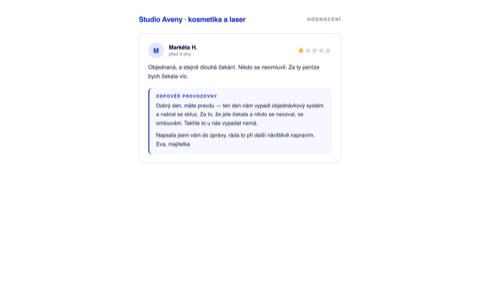 Rekonstrukce téže recenze s věcnou odpovědí, která přiznává skluz, omlouvá se za konkrétní věc, nabízí nápravu a přesun do soukromé zprávy