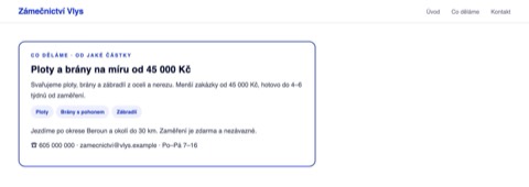 Jednoduchá stránka s cenami od, volným termínem a poptávkou