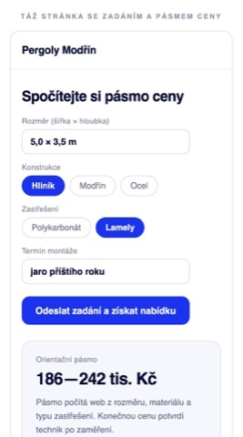 Rekonstrukce téže stránky se čtyřmi poli zadání, orientačním pásmem ceny a slibem nabídky do 24 hodin