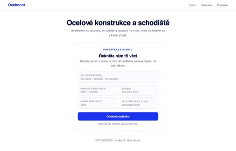 Rekonstrukce téže stránky s krátkým poptávkovým formulářem na rozměr, termín a místo stavby